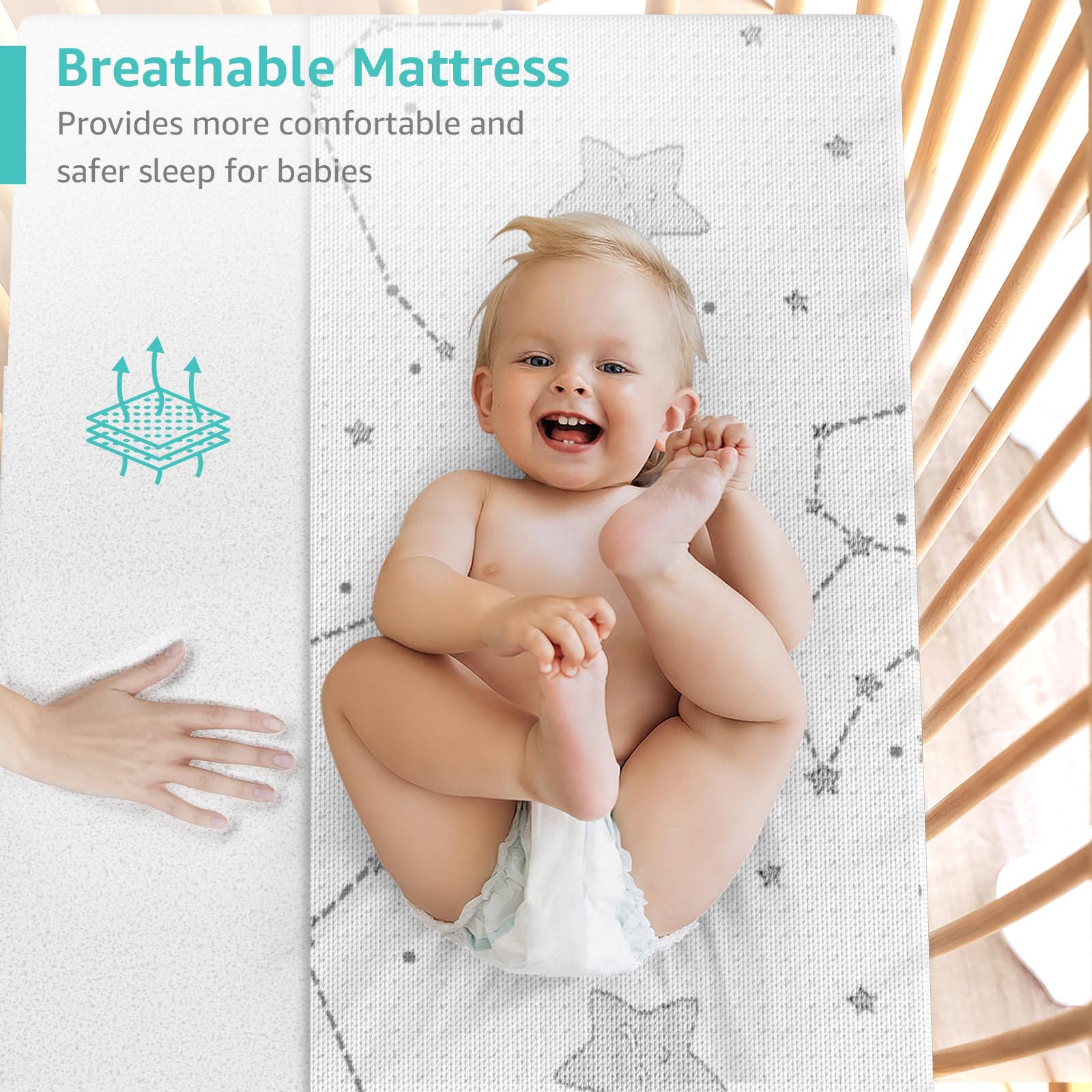 YENING topper placed inside playard showing secure, no-gap sleep surface benefit