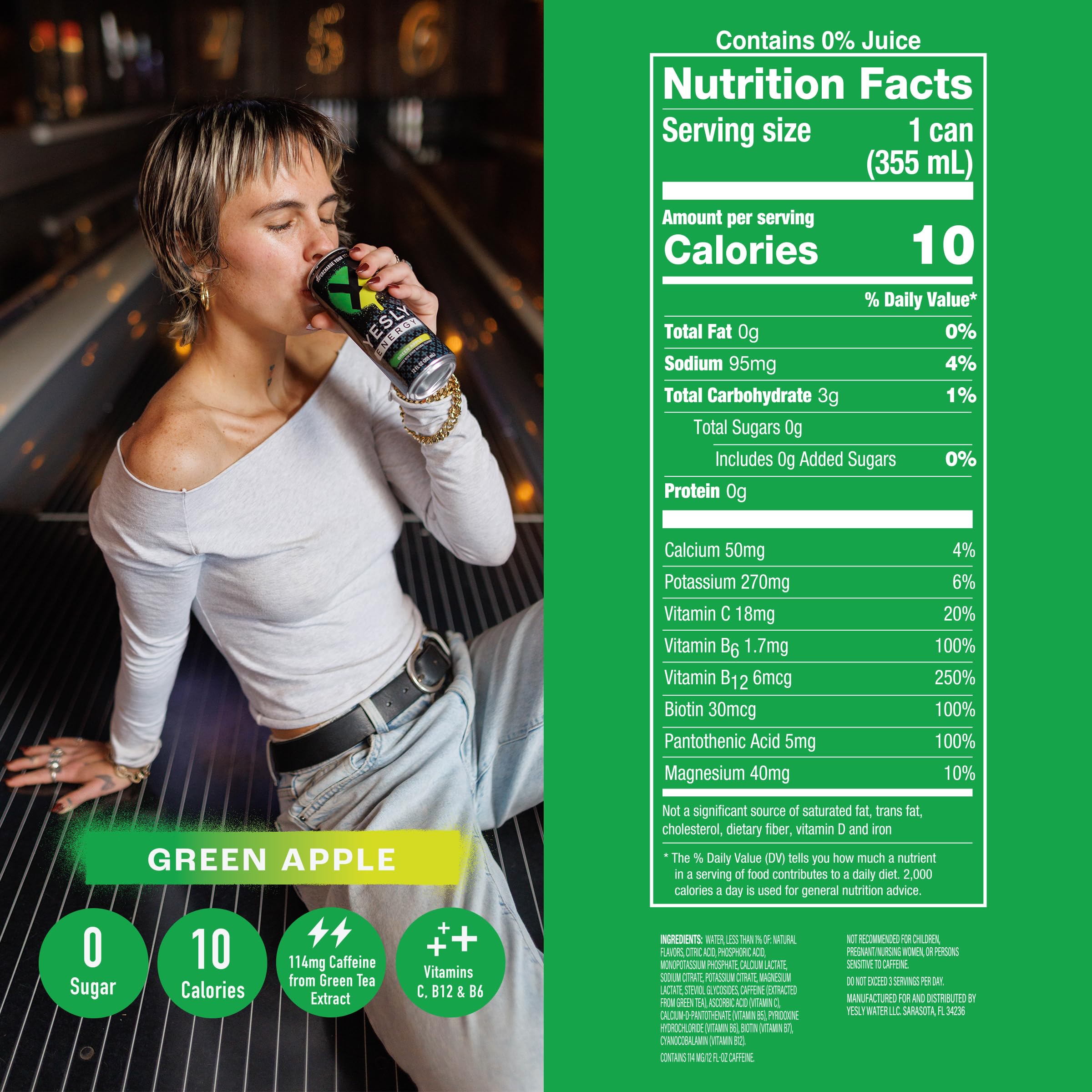 Yesly can closeup label highlighting natural caffeine and vitamins benefits