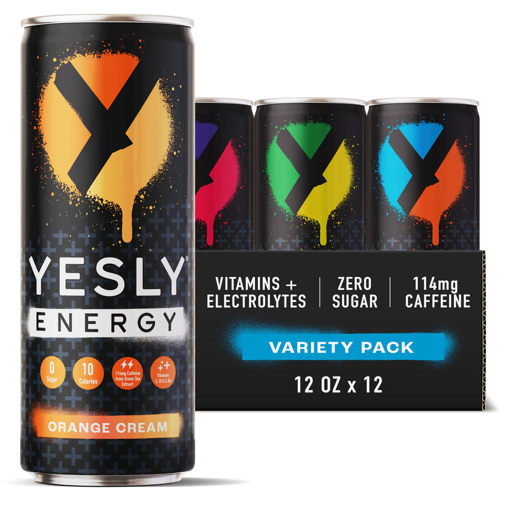 Yesly front pack shot showing 12-pack and vibrant flavors for quick selection