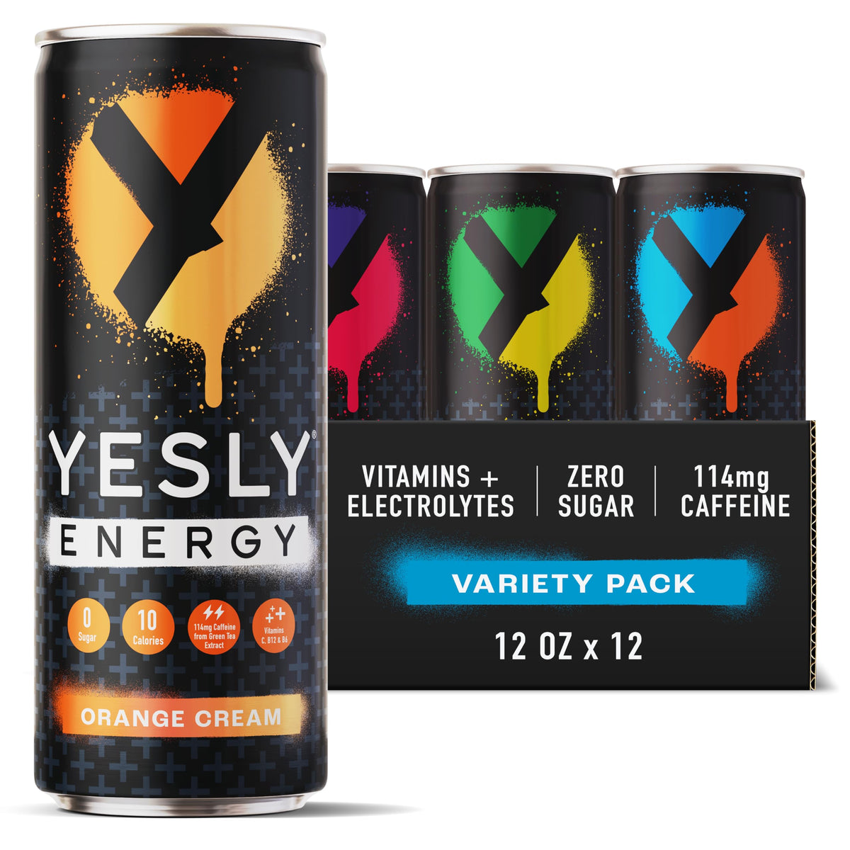Yesly front pack shot showing 12-pack and vibrant flavors for quick selection