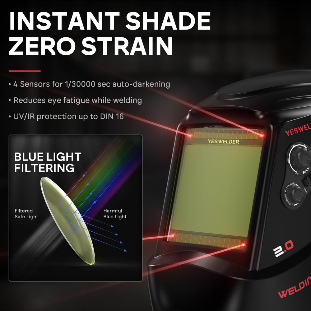 YESWELDER lens label and specs highlighting optical clarity benefit