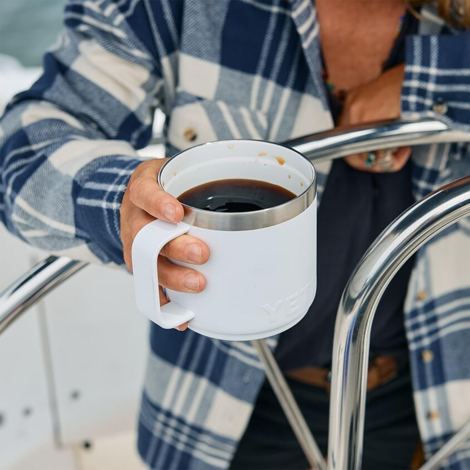 YETI Rambler held in hand to show scale and comfortable handling benefit