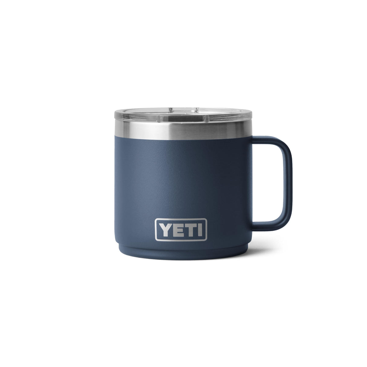 YETI Rambler front view showing navy finish and durable build benefit