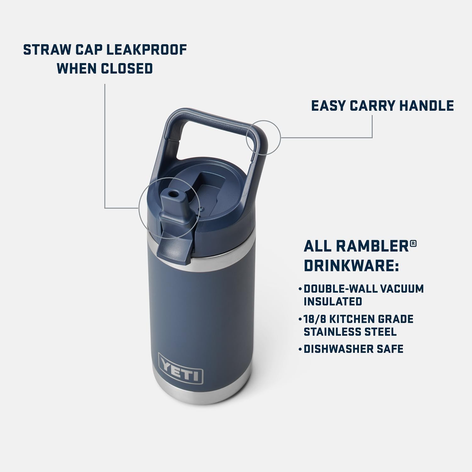 YETI Rambler Jr straw close-up highlighting leakproof cap and easy drinking benefit