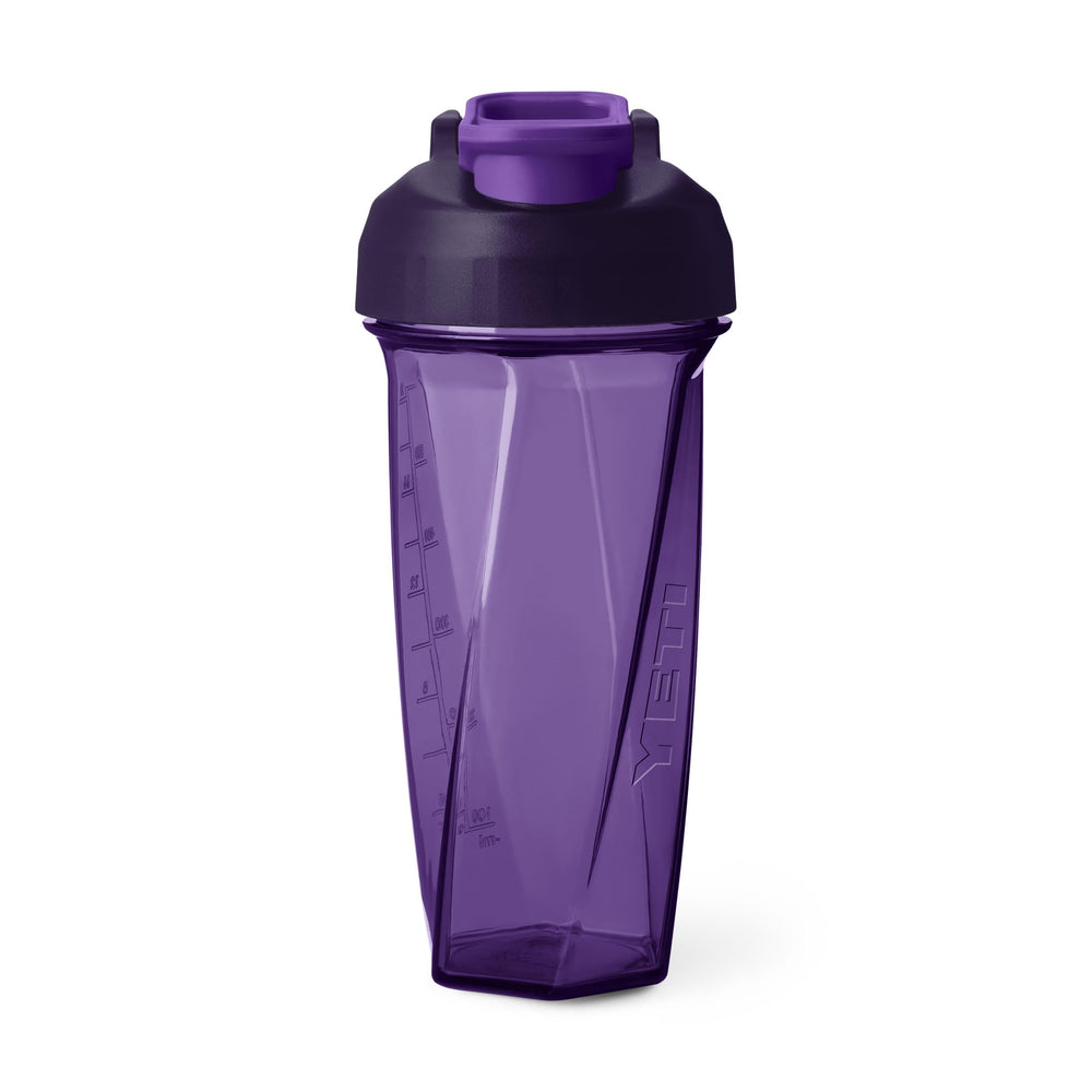 YETI Yonder shaker front view in pace purple showing leakproof cap and carry loop benefit: secure transport