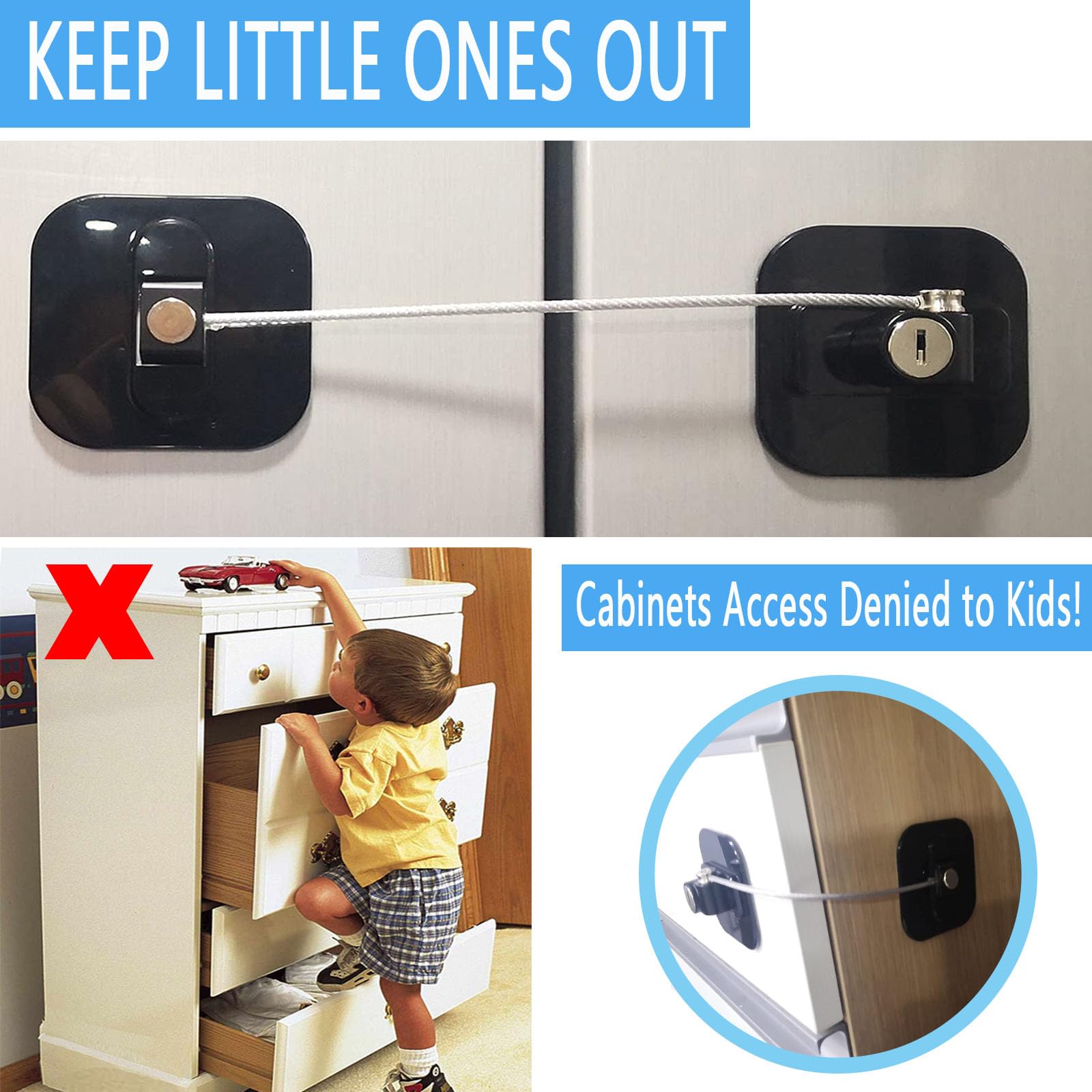 YEYA lock attached to kitchen cabinet preventing unwanted access