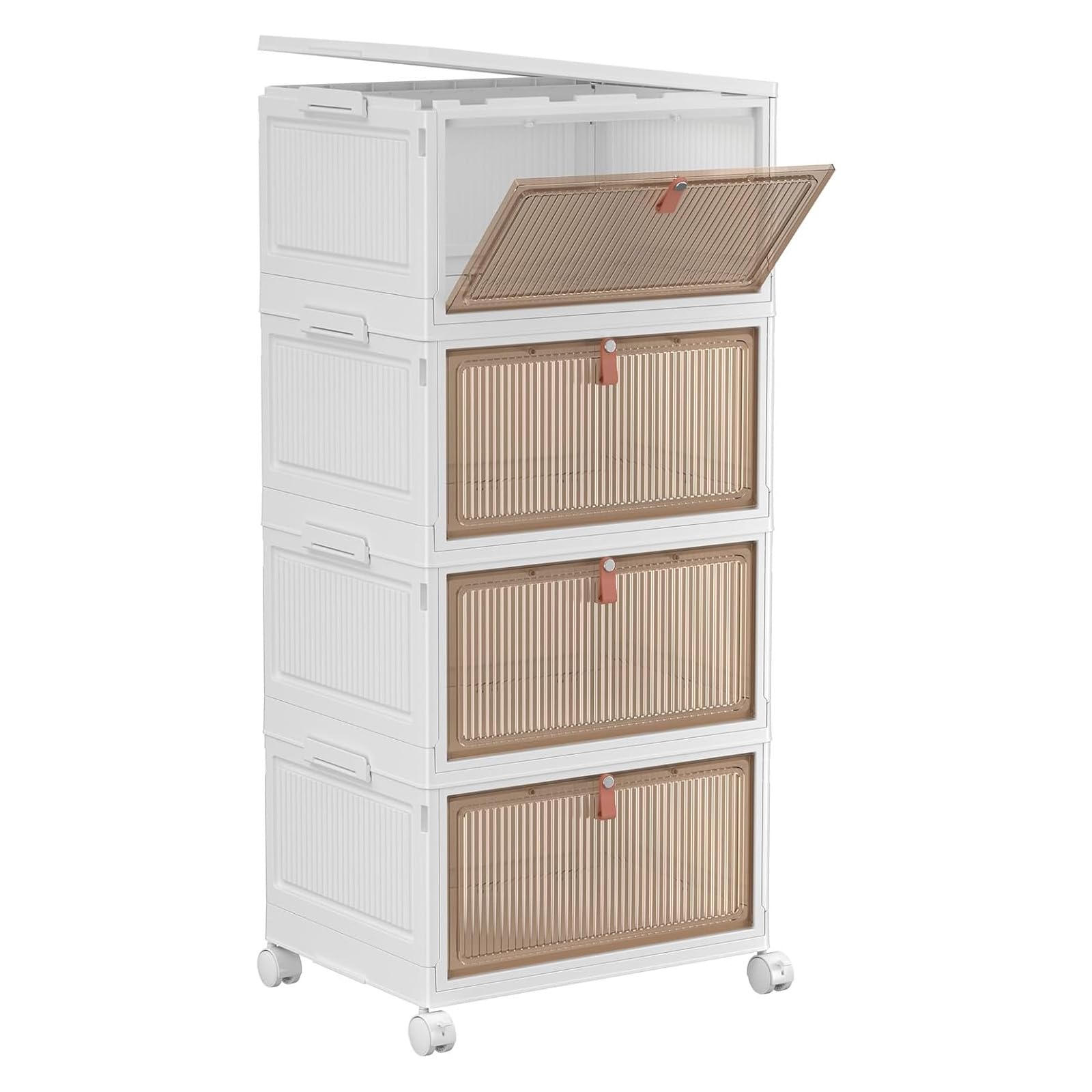 YFXCVSL front view of assembled 4-tier storage bins showing stackability and organized compartments