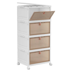 YFXCVSL front view of assembled 4-tier storage bins showing stackability and organized compartments