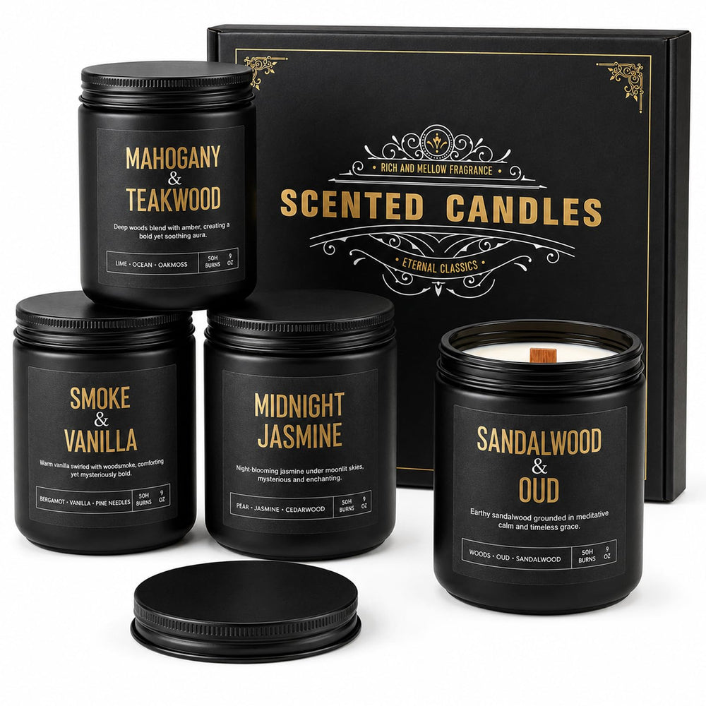 Yinuo Candle four-pack box front showing black-and-gold gift packaging and premium presentation benefit