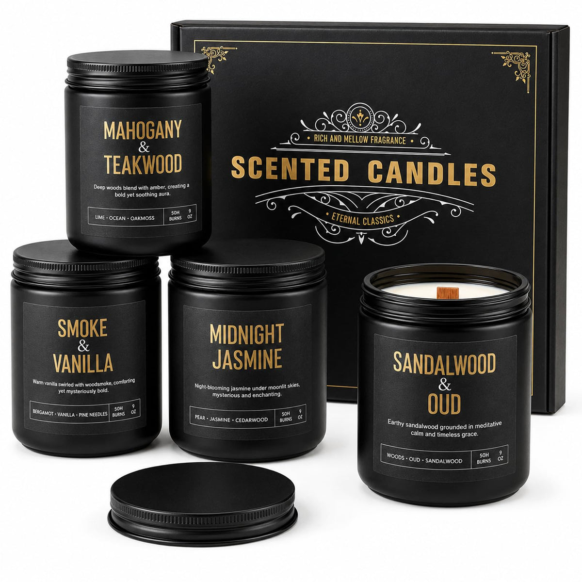 Yinuo Candle four-pack box front showing black-and-gold gift packaging and premium presentation benefit