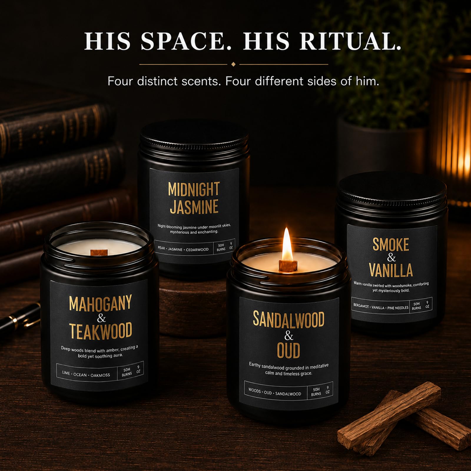Yinuo Candle scent array styled with all four jars displayed to compare mahogany, smoke, jasmine, oud