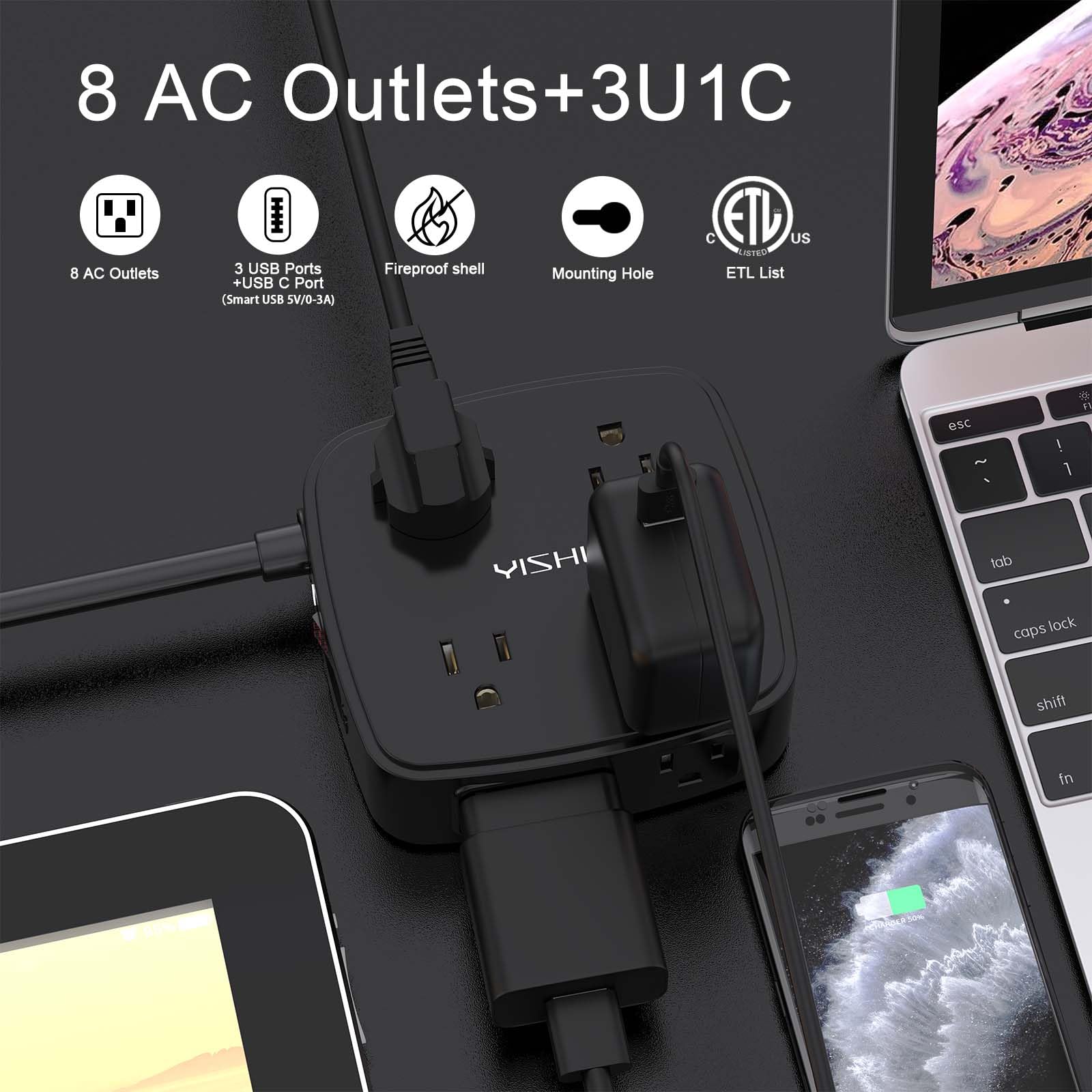 YISHU close-up of USB-A and USB-C ports highlighting fast charging convenience