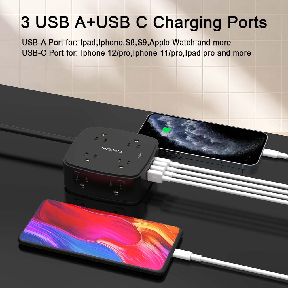YISHU side angle showing wide outlet spacing for bulky adapters benefit