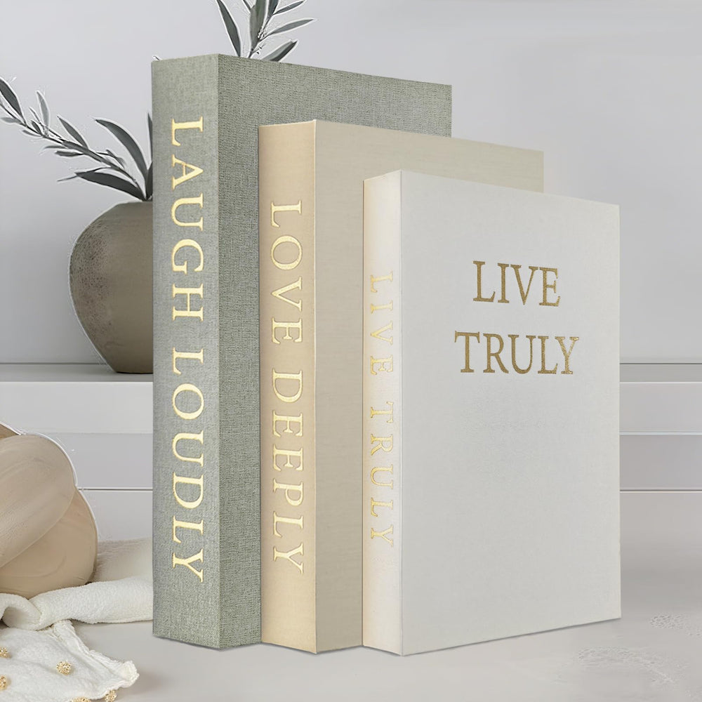 YKANYN front view of three linen decorative books enhancing tabletop decor