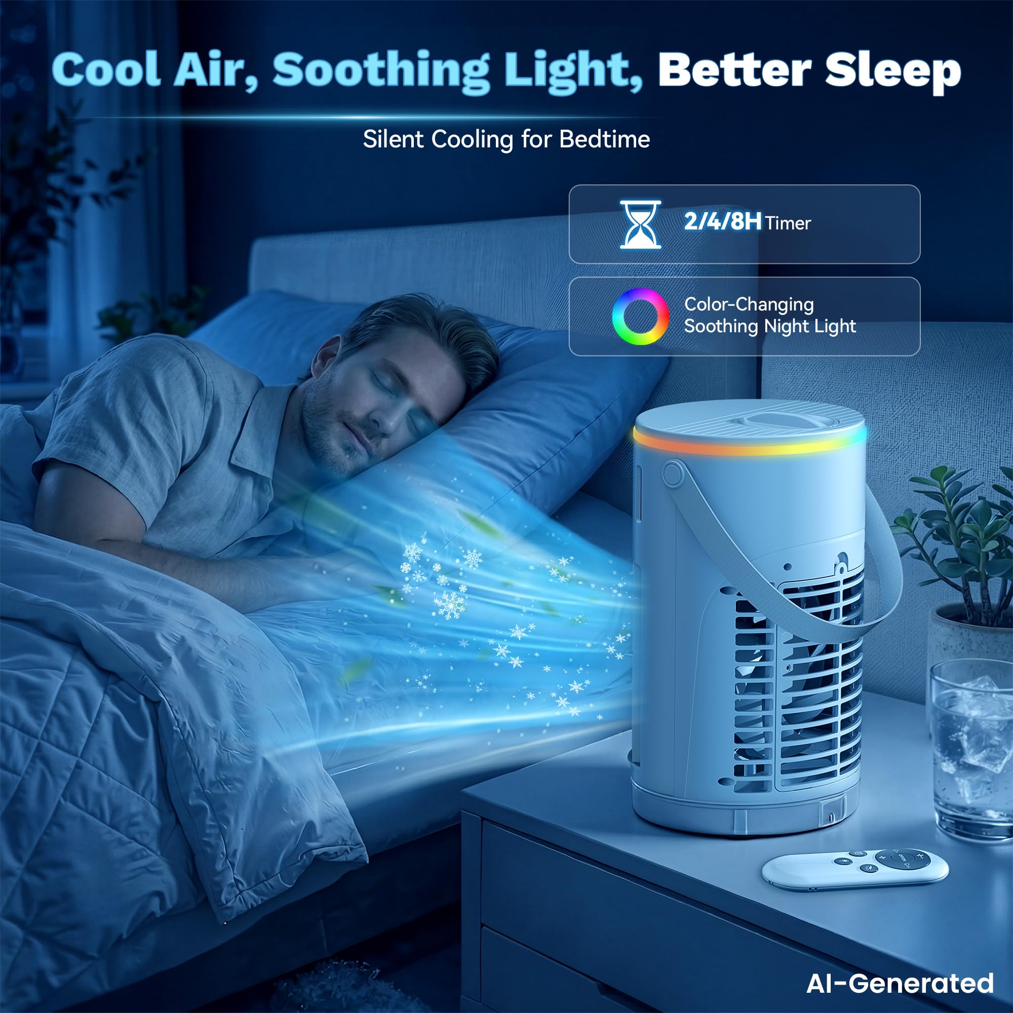 Ylkf on a nightstand in bedroom providing quiet cooling for sleep
