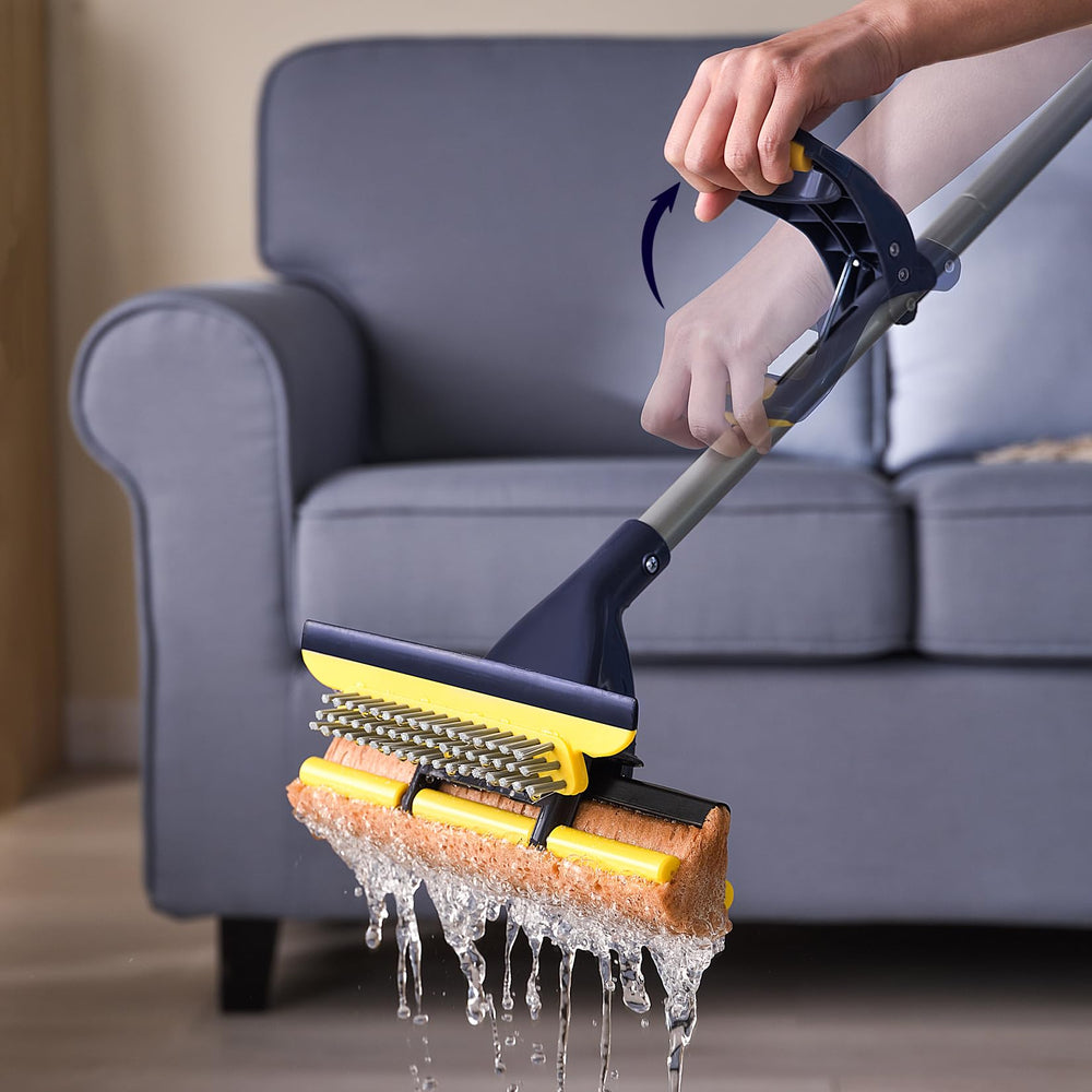Yocada mop in use on bathroom tile demonstrating efficient cleaning and water control