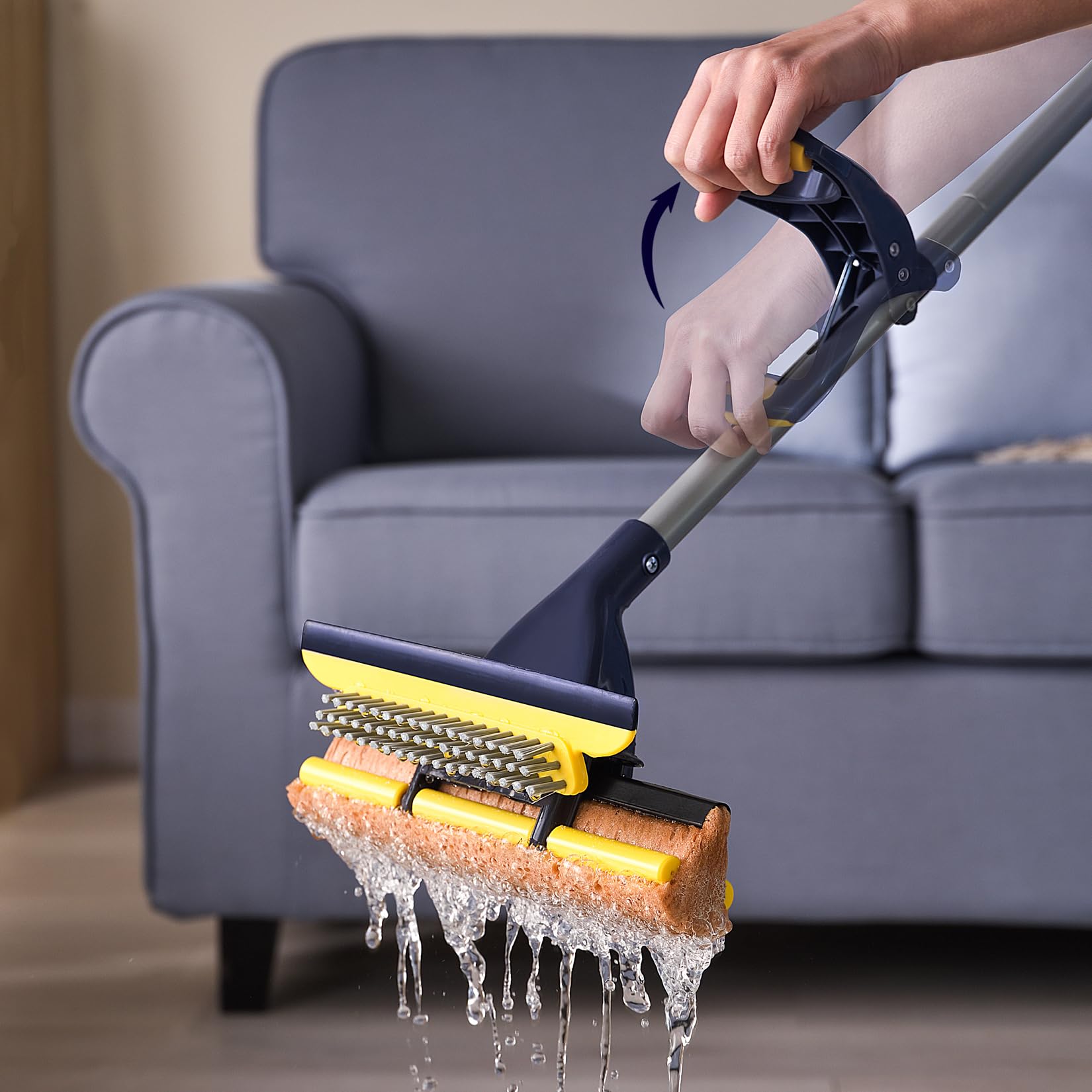 Yocada collapsed mop next to ruler showing compact storage and space-saving benefit