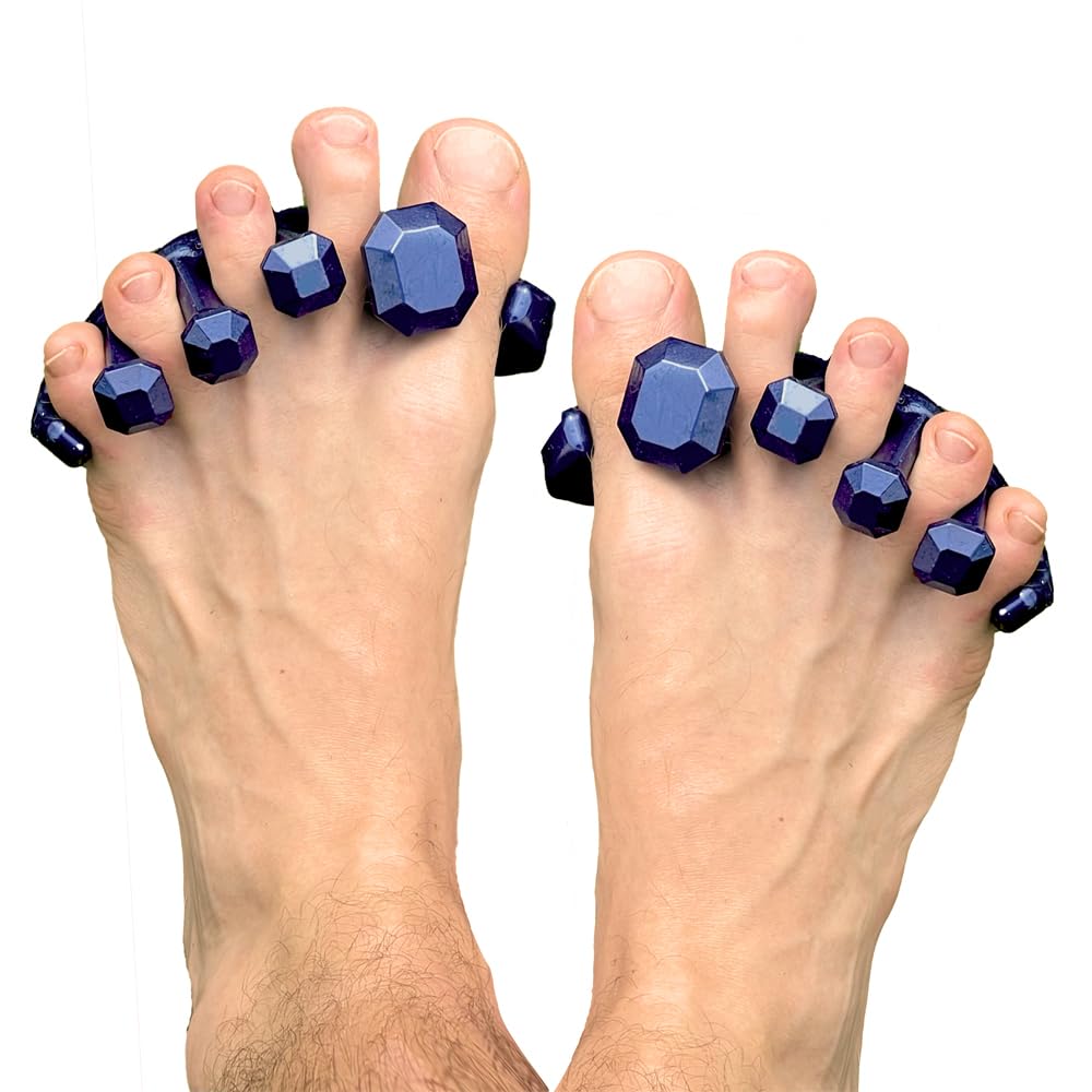 YogaToes front packaging showing product and size in metallic blue for quick identification