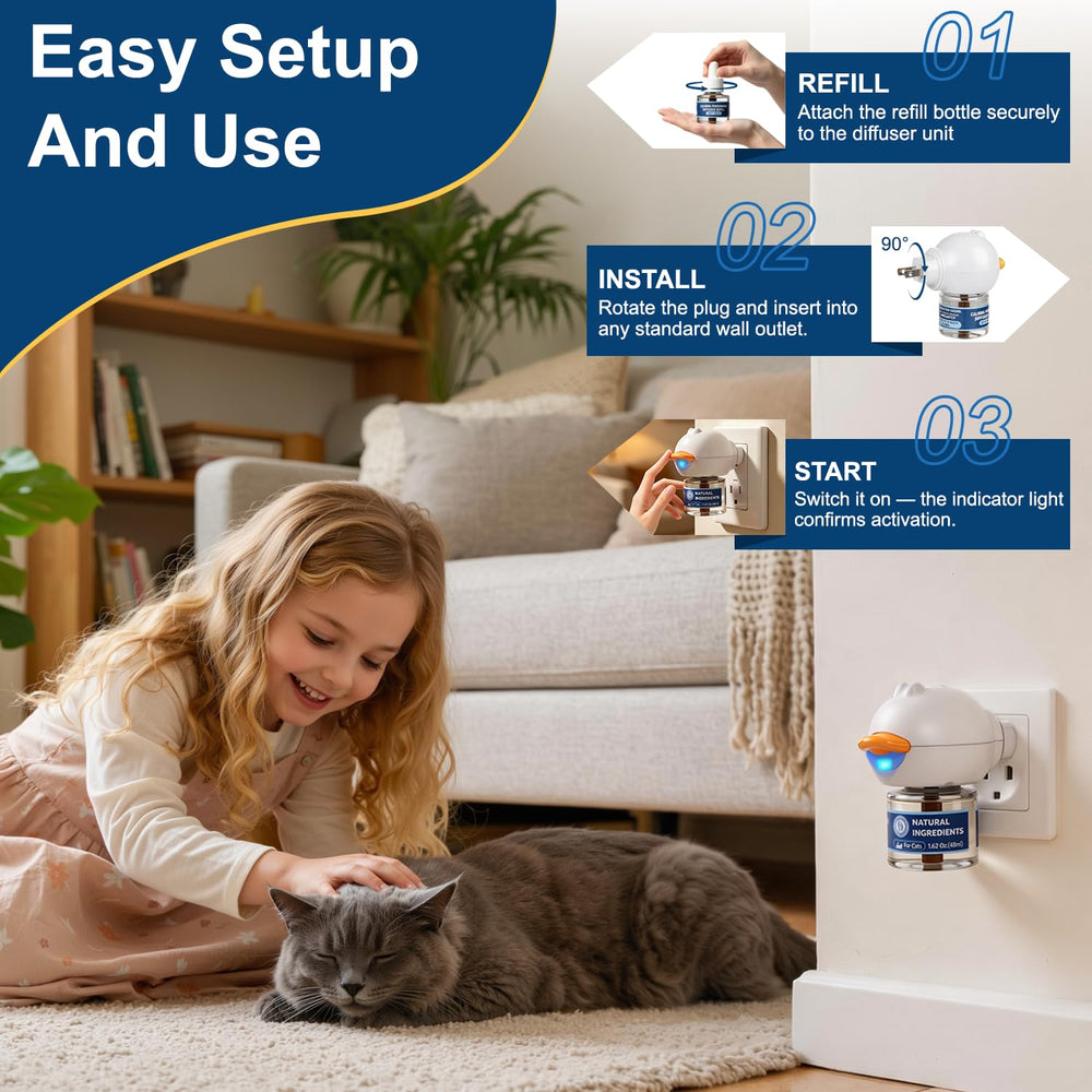Relaxed cat on couch with YooBaaLee nearby demonstrating calmer home life