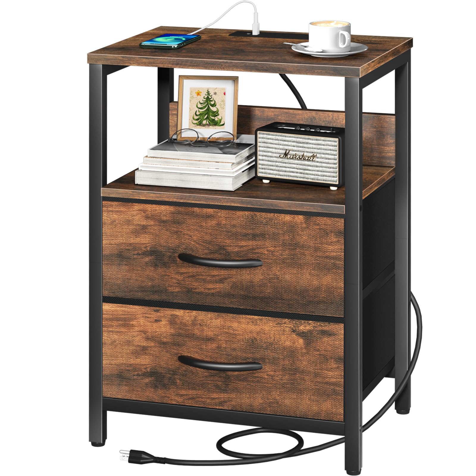 Yoobure nightstand front view showing compact storage and charging convenience