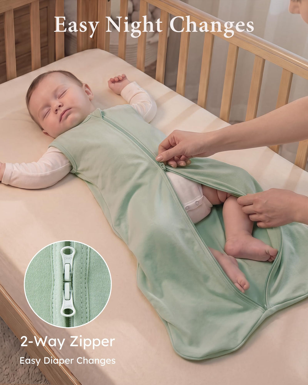 Yoofoss infant wearing sleep sack in crib illustrating cozy sleep benefit