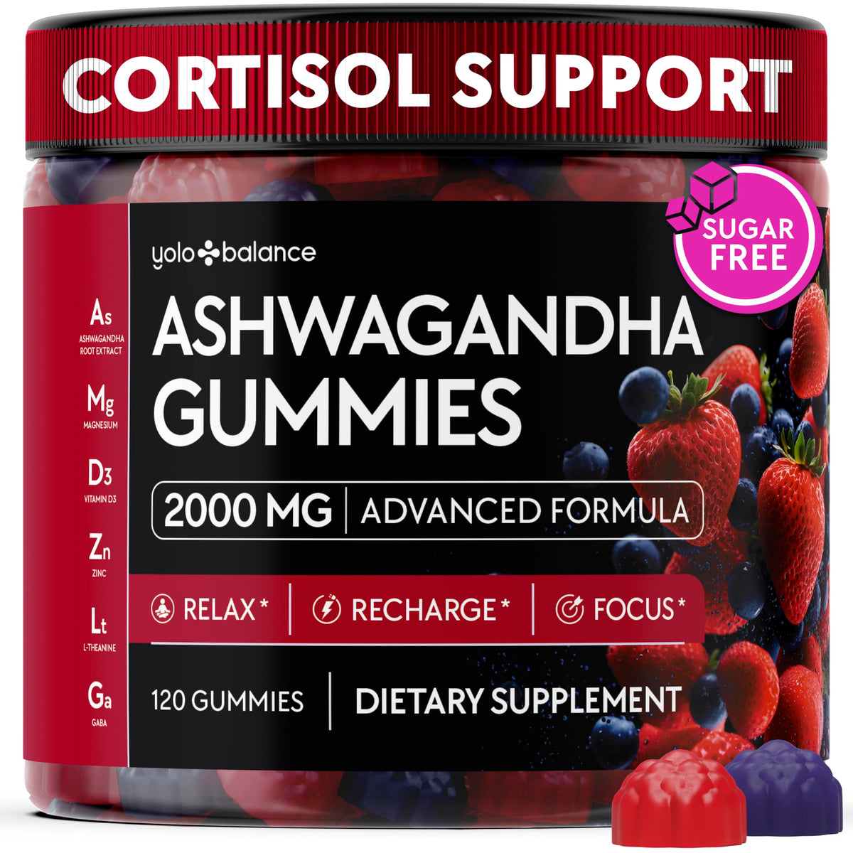 YOLOBALANCE front packaging showing jar and gummies, highlights convenience