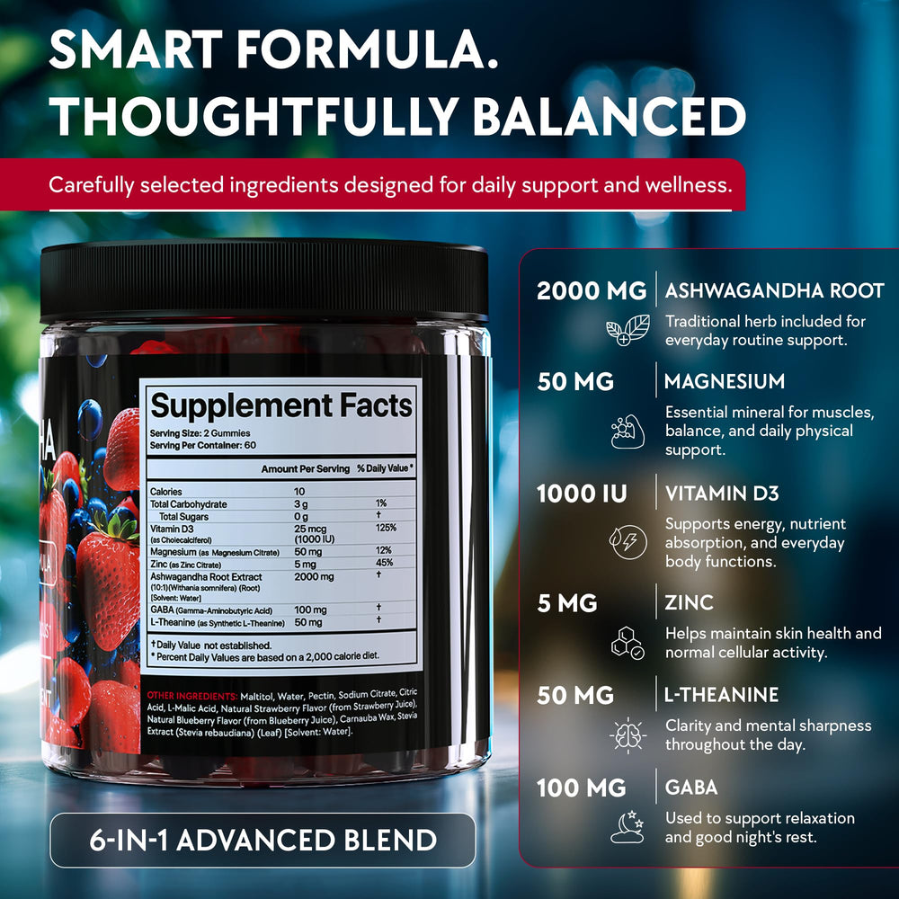 YOLOBALANCE ingredient spread with ashwagandha and minerals showing clean sourcing
