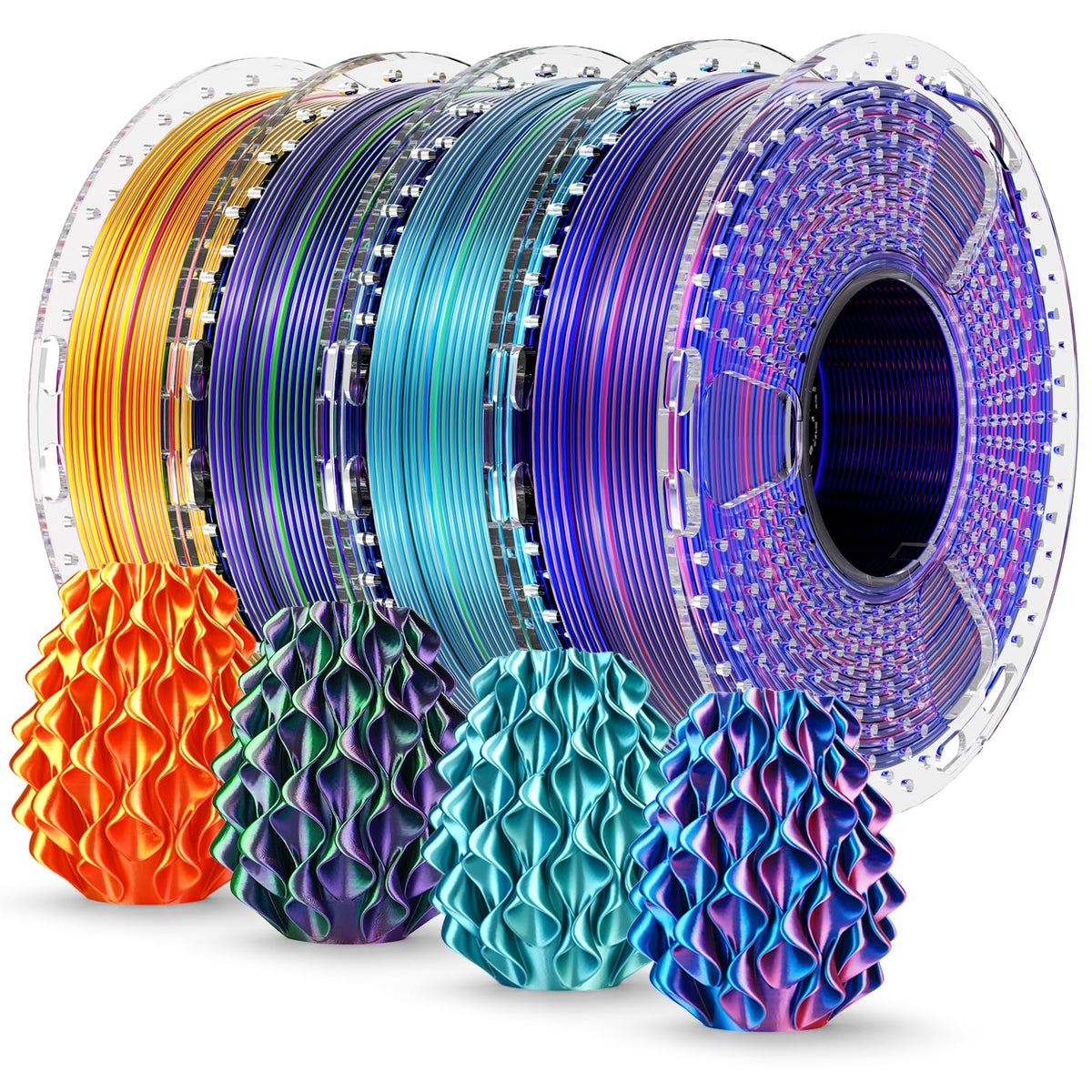 YOOPAI SUNLU front packaging showing four 250g silk PLA+ spools and color labels, appealing display