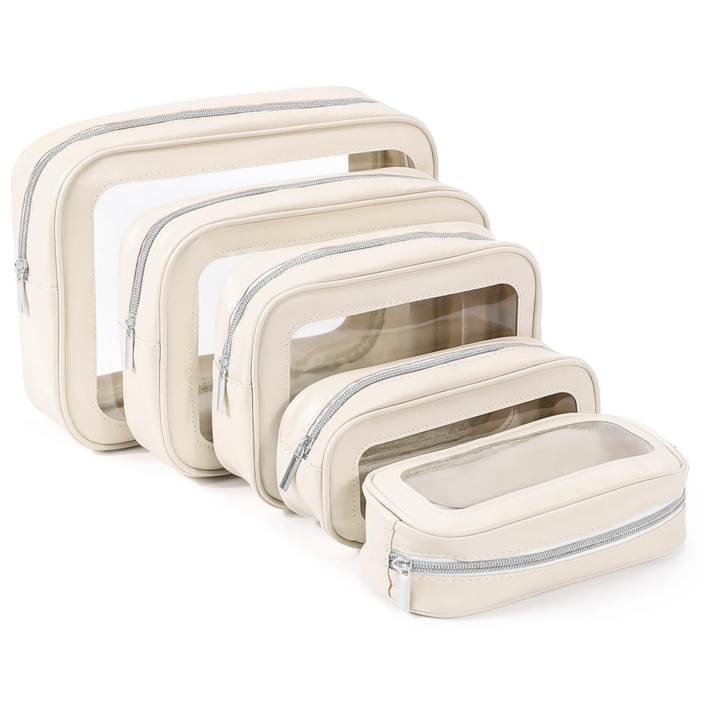 YOPCDJ front view of clear pouch set showing all five sizes and easy visibility