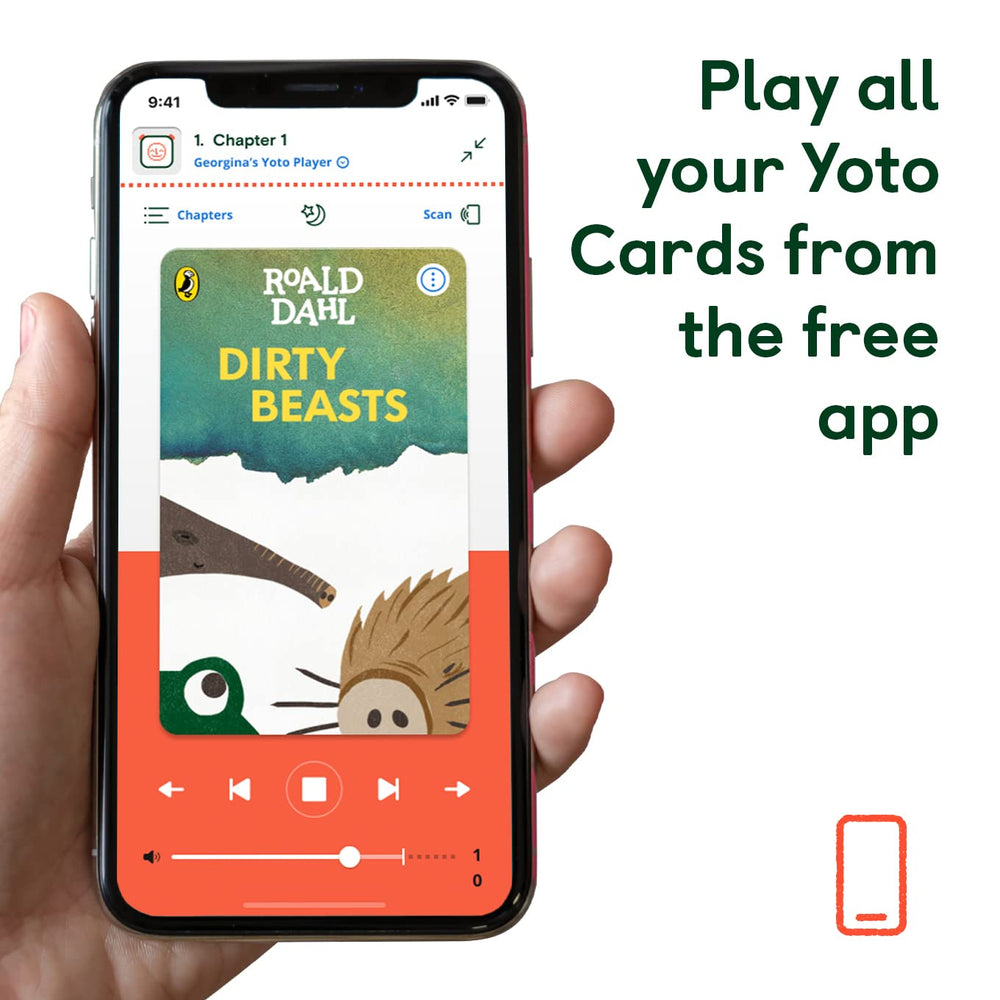 Shelved labelled Yoto cards organised by story or voice for easy selection
