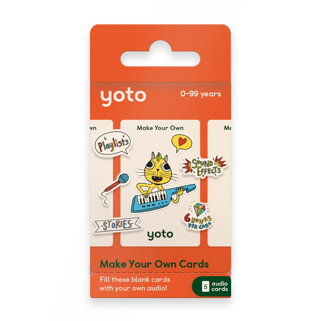 Yoto front packaging showing five blank audio cards and stickers for personalised play