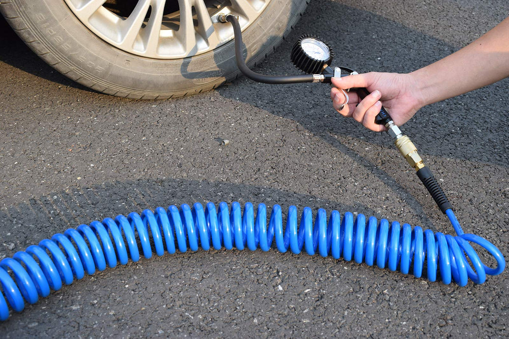 YOTOO hose in use in a garage demonstrating tool connection and workflow efficiency benefit