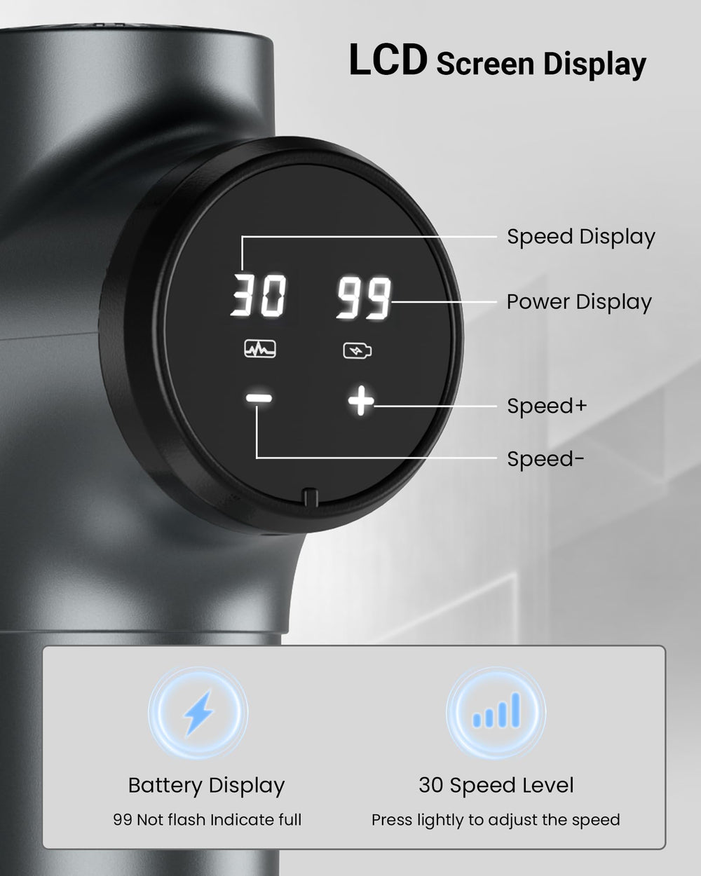 Youdgee closeup of LCD touchscreen displaying speed and battery for easy control