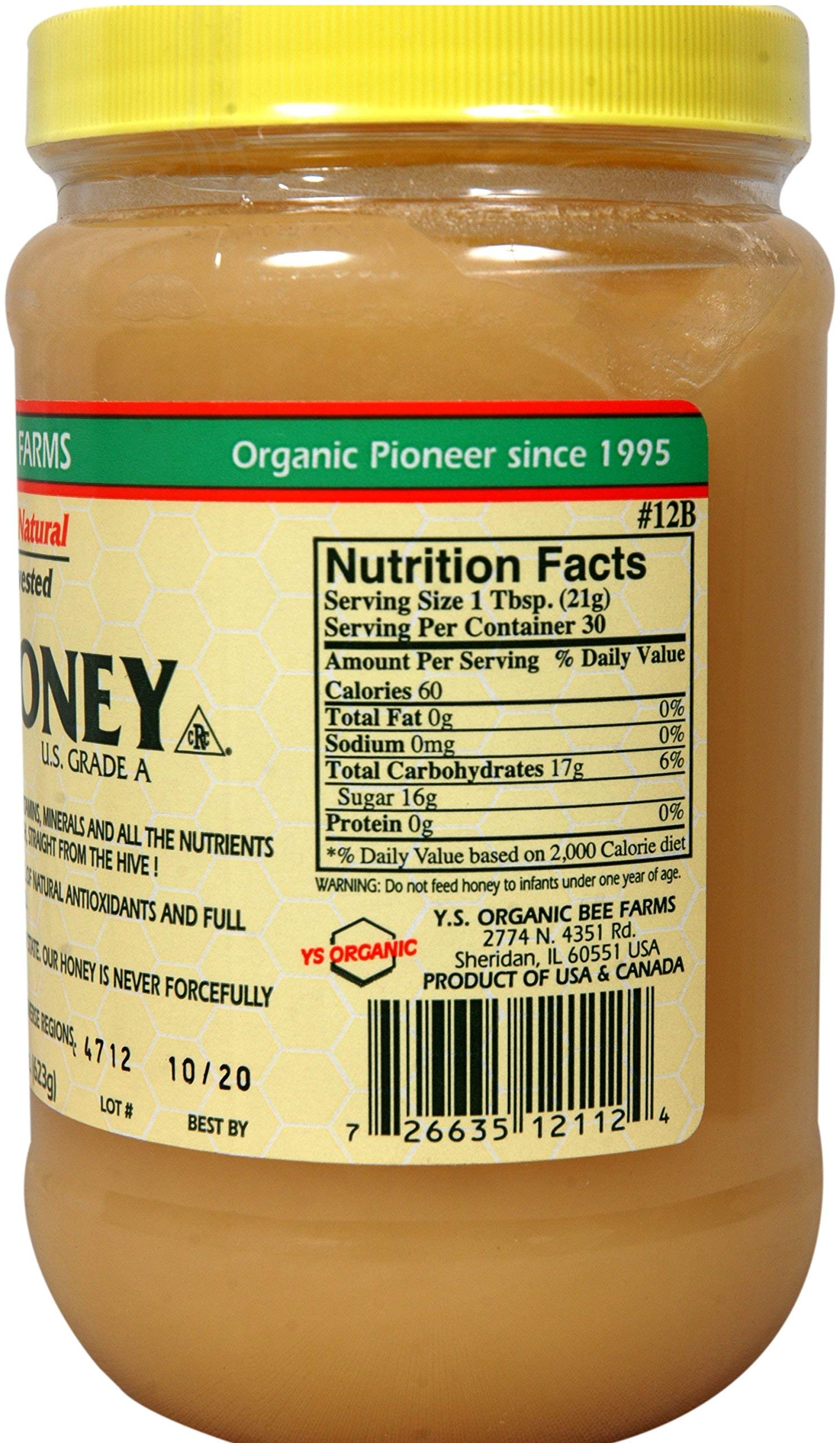 Y.S. Eco Bee Farms honey close-up texture revealing natural crystals and rich color