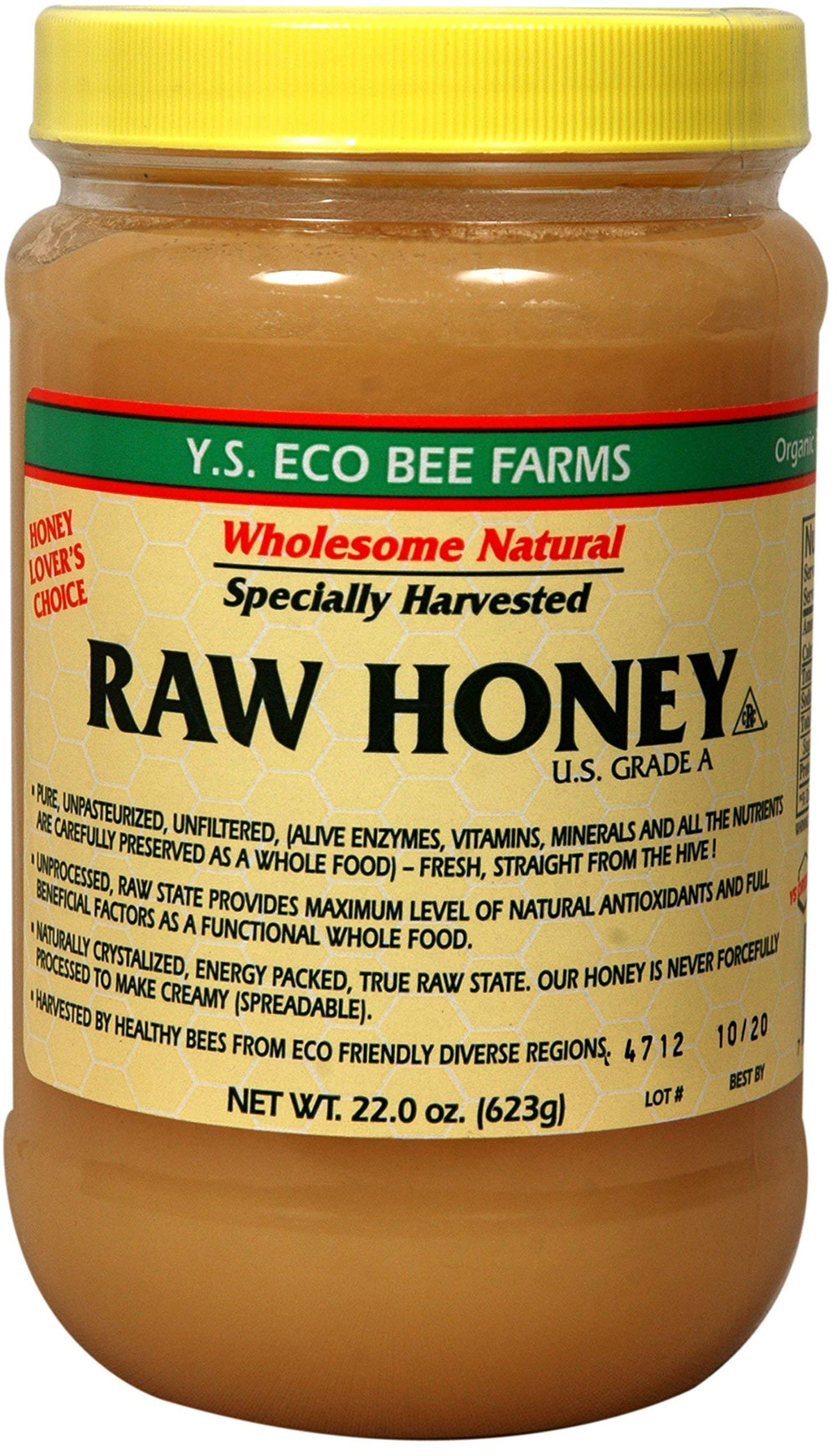 Y.S. Eco Bee Farms jar front view showing label and resealable lid for convenience