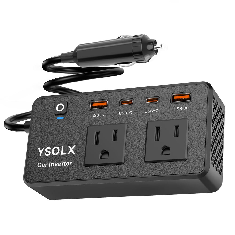 YSOLX front panel showing dual 110V AC outlets and four USB ports for versatile charging