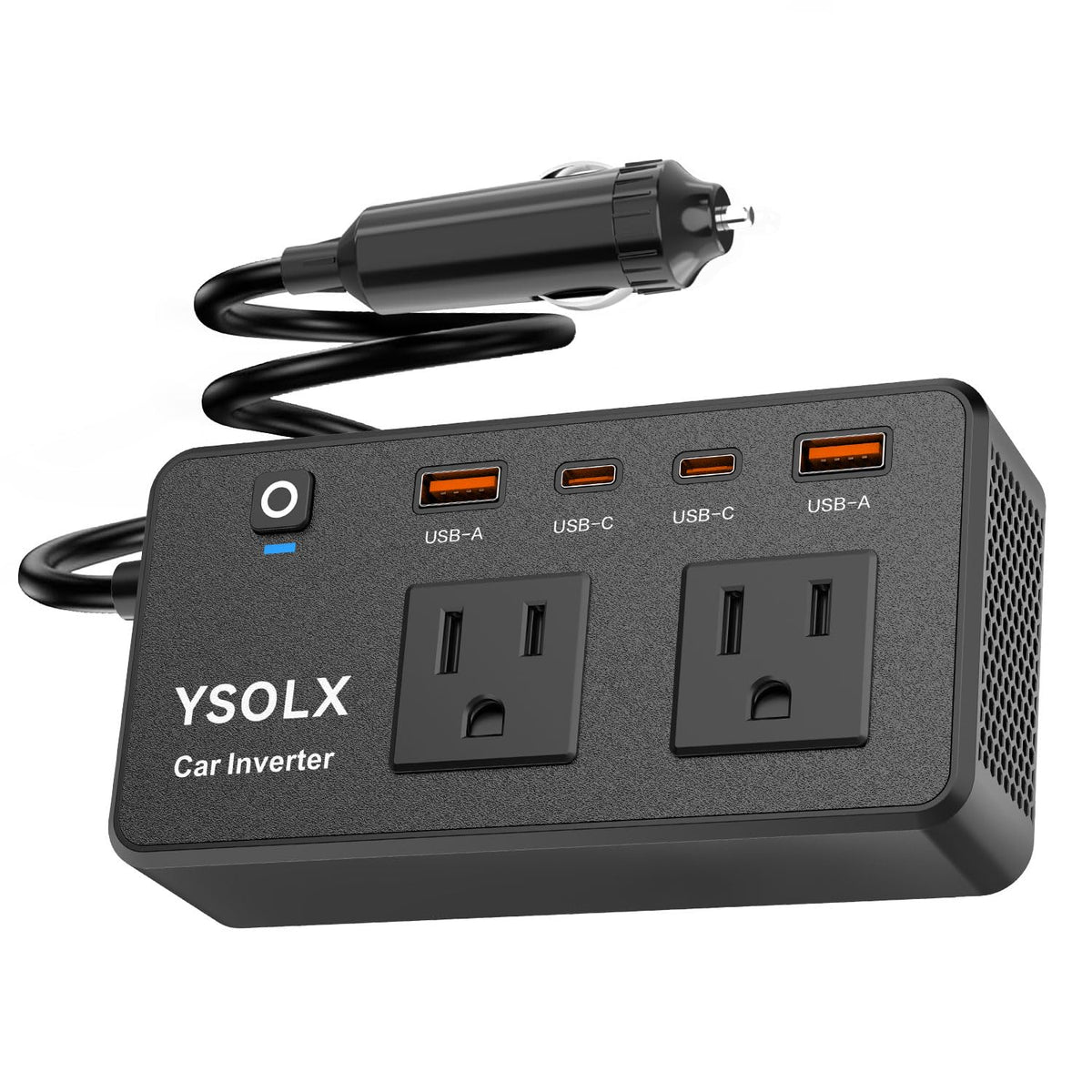 YSOLX front panel showing dual 110V AC outlets and four USB ports for versatile charging