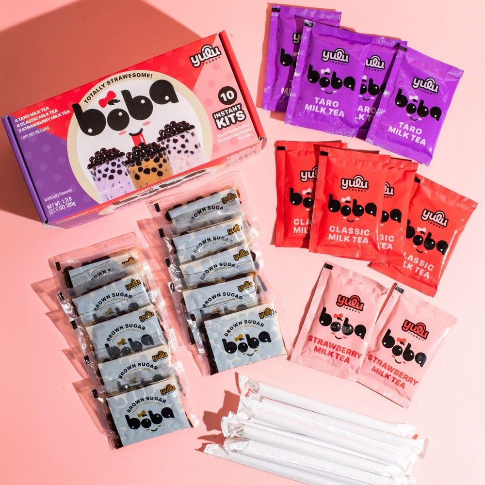 YULU FOODS milk tea powder packets detail showing flavor variety for quick mixing