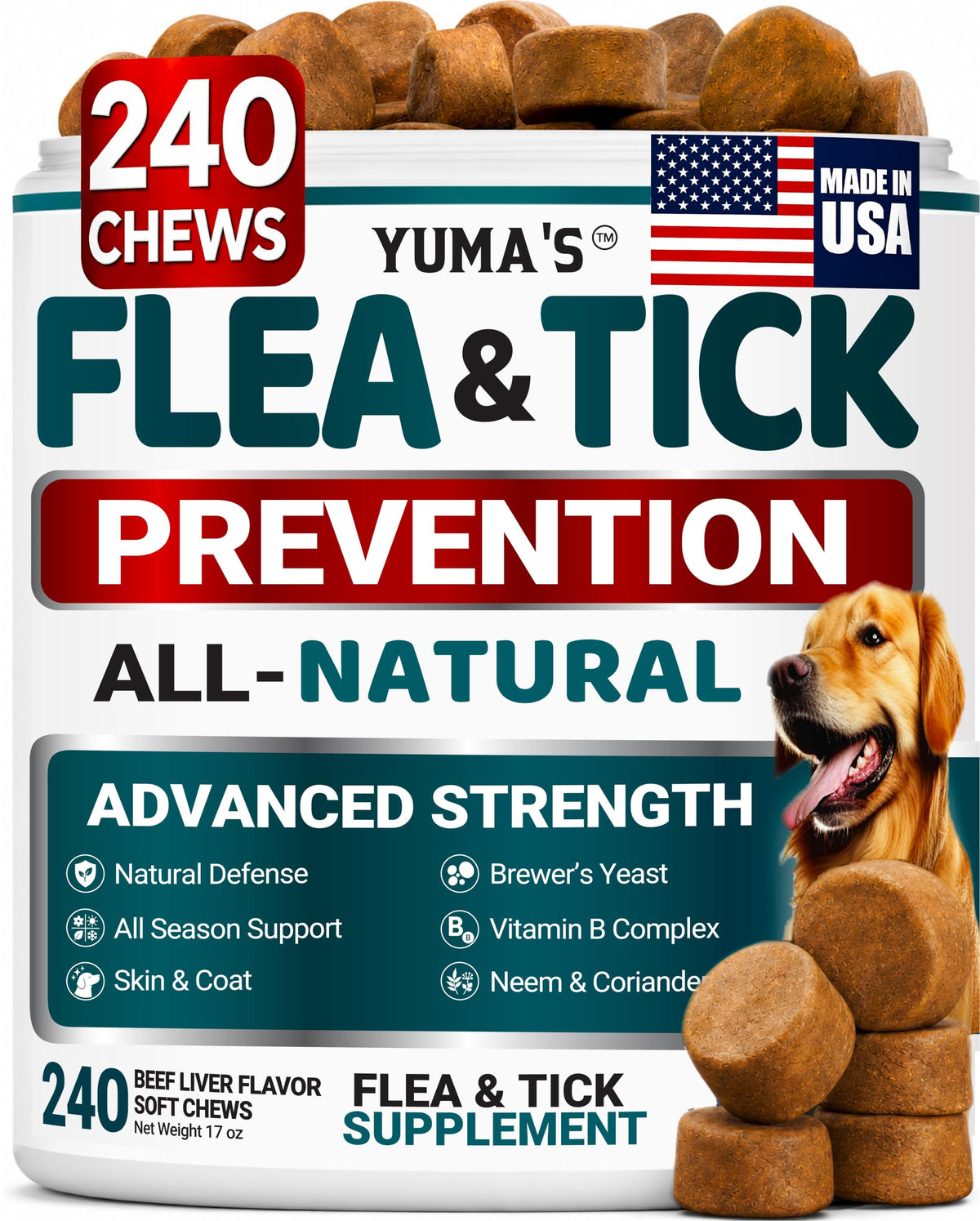 YUMA'S front packaging showing 240 chews and key benefits