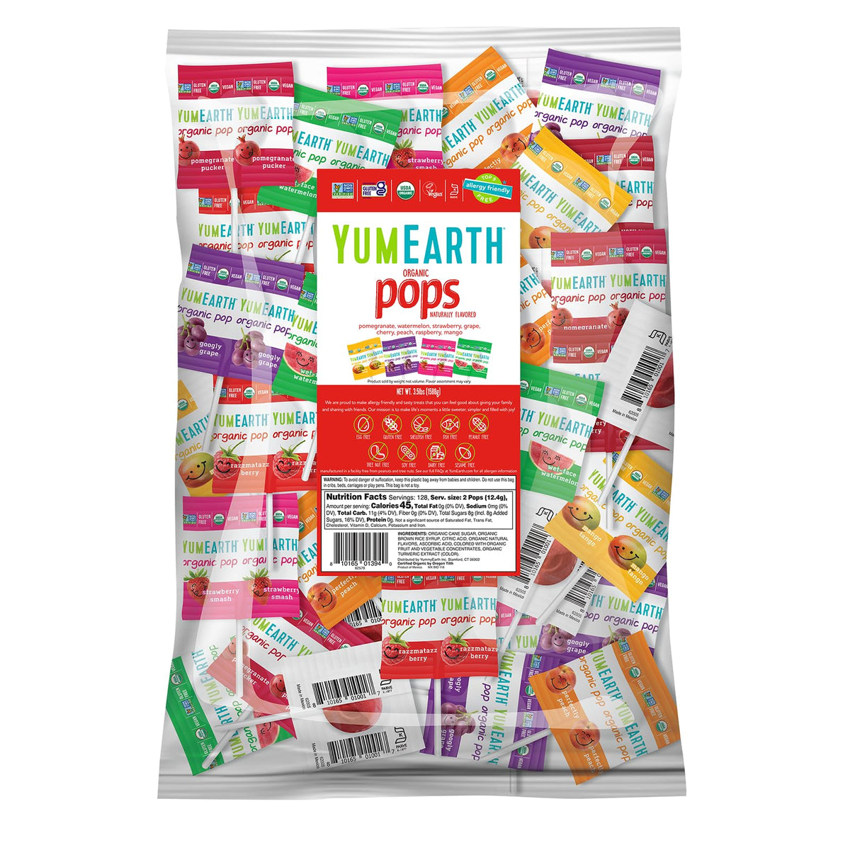 YumEarth front packaging showing 250-count bag and flavor list for easy shopping