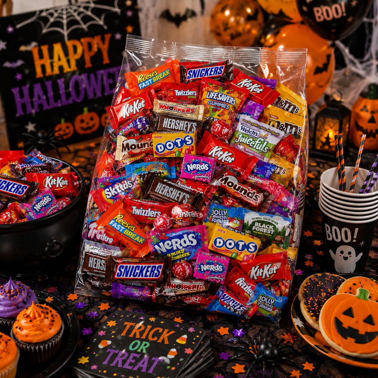 Yummy Chew open bag spilling assorted wrapped candies for quick party serving