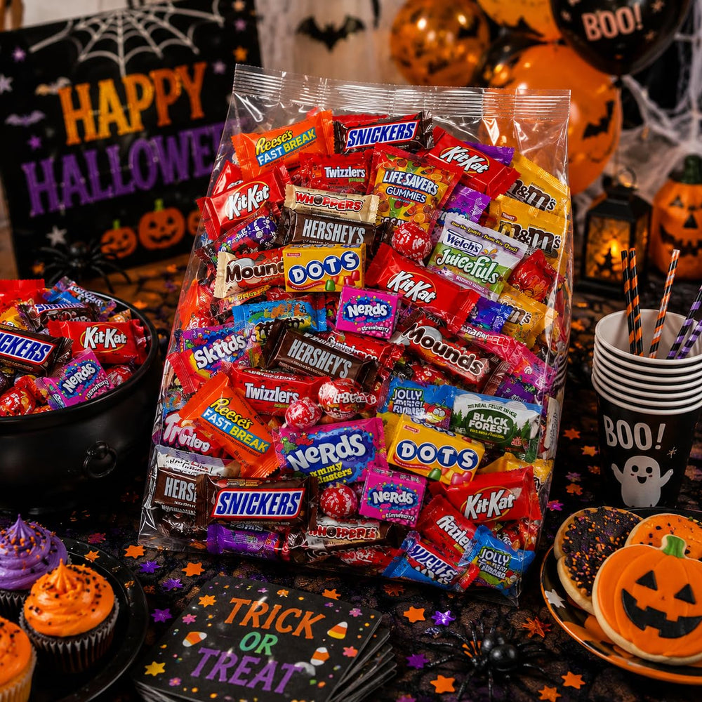 Yummy Chew open bag spilling assorted wrapped candies for quick party serving