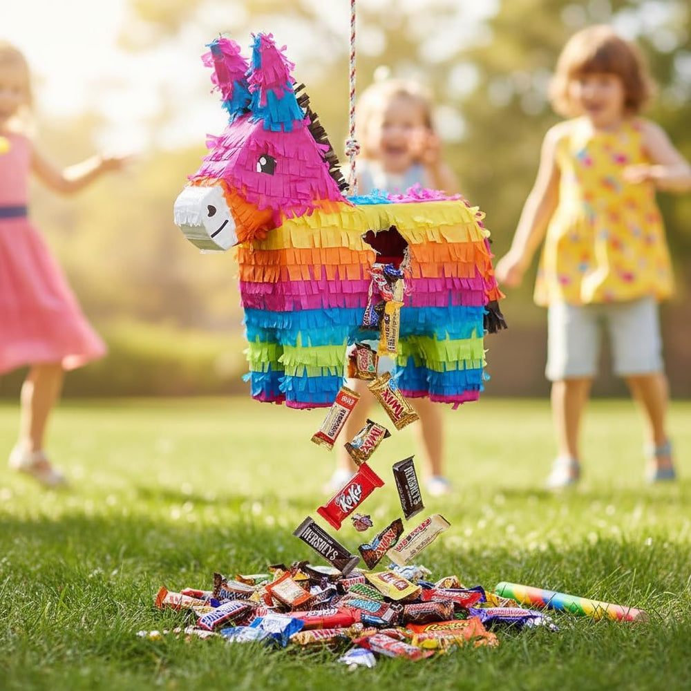 Yummy Chew filling a piñata with mixed chocolate for festive variety