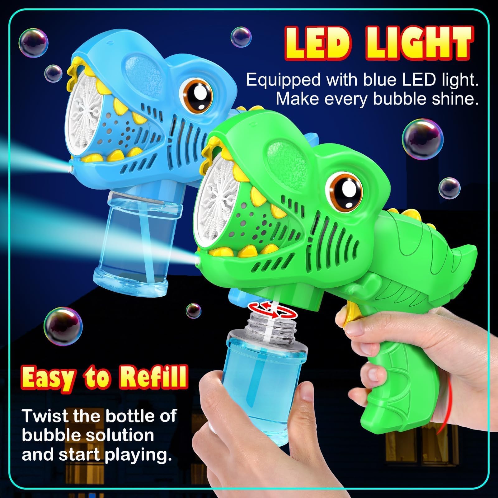 Yunaking LED lighted bubble gun glowing at night for enchanting evening play