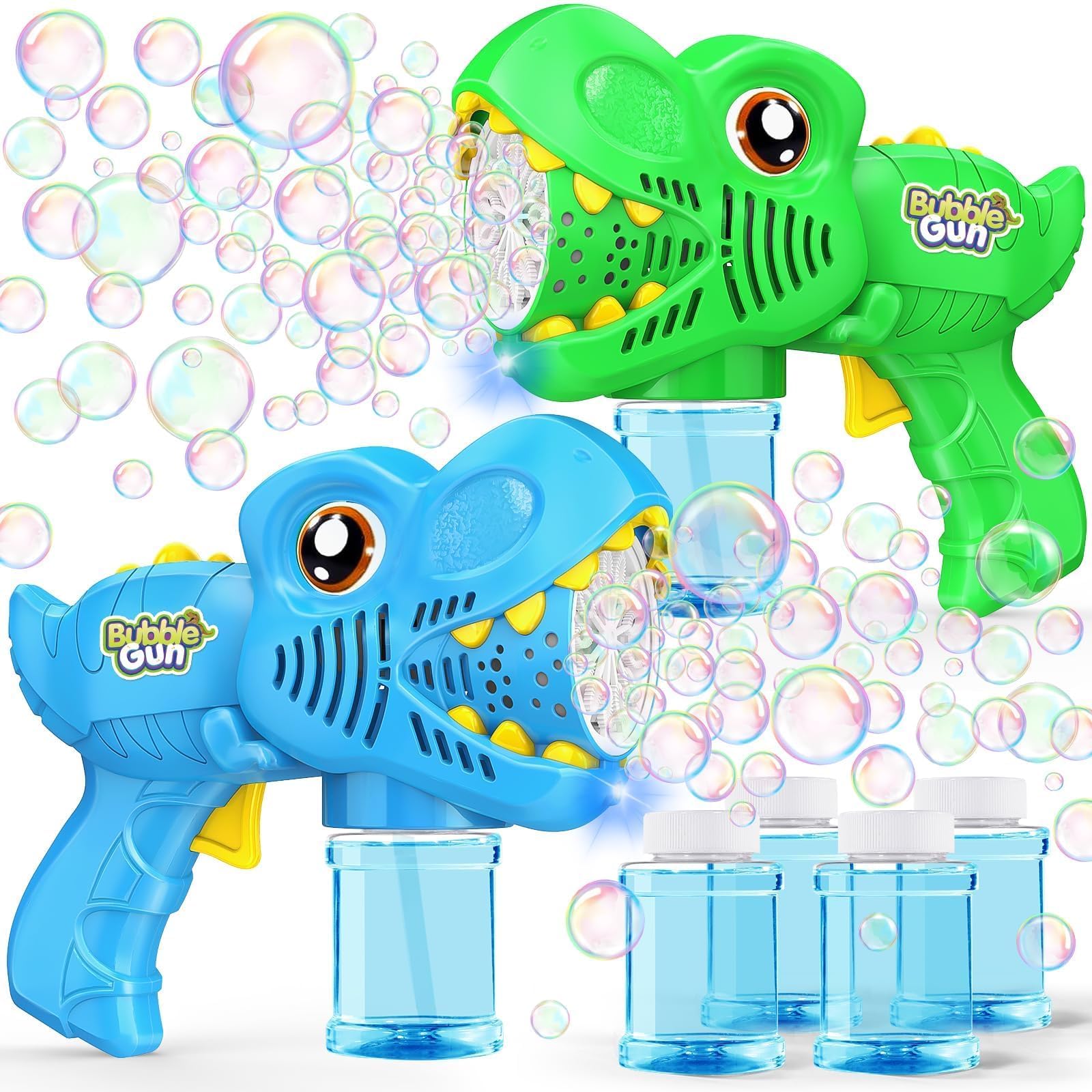 Yunaking front view of two dinosaur bubble guns showing playful design and sharing fun