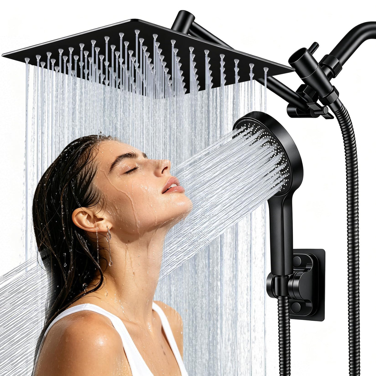 Yurnomy front view of matte black shower system showing full kit and finish benefit