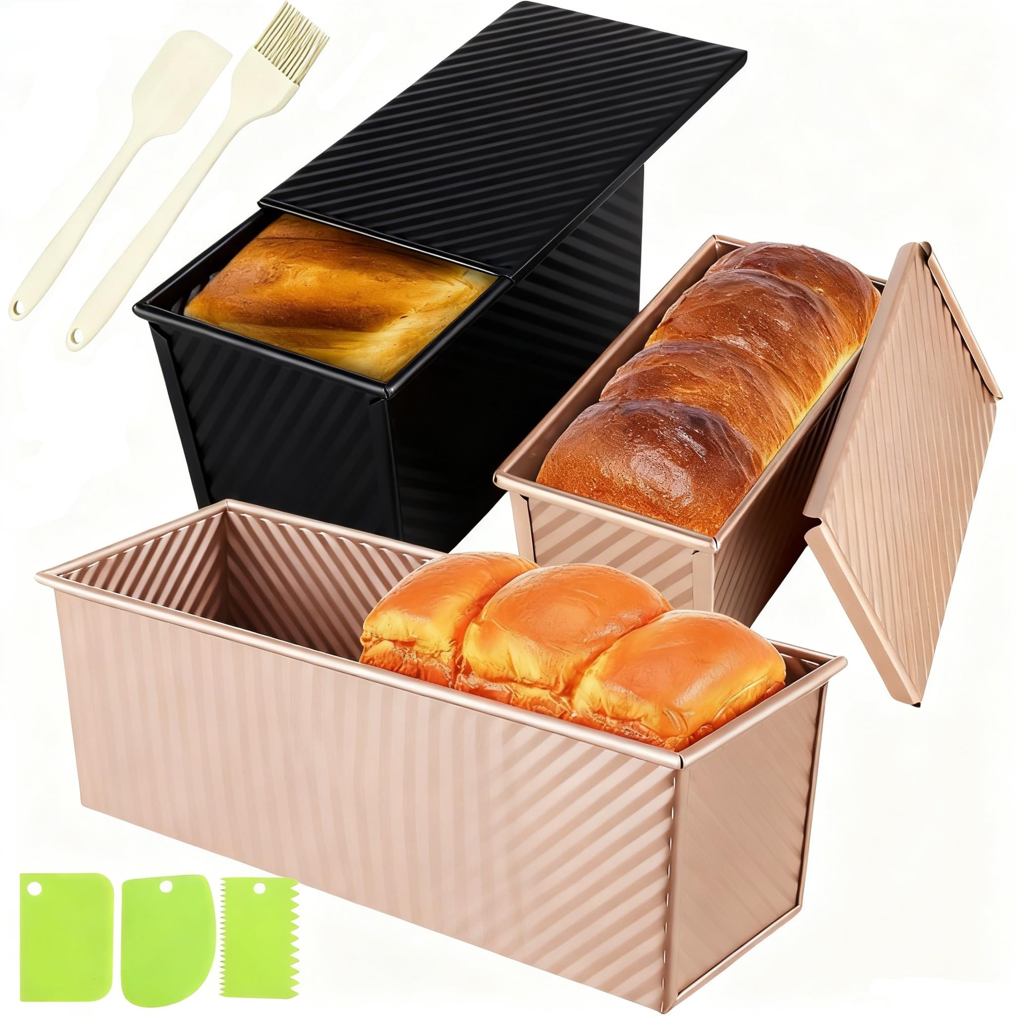 YURTKUMAS front view of 3-pack Pullman loaf pans showing lids and packaging, saves storage space