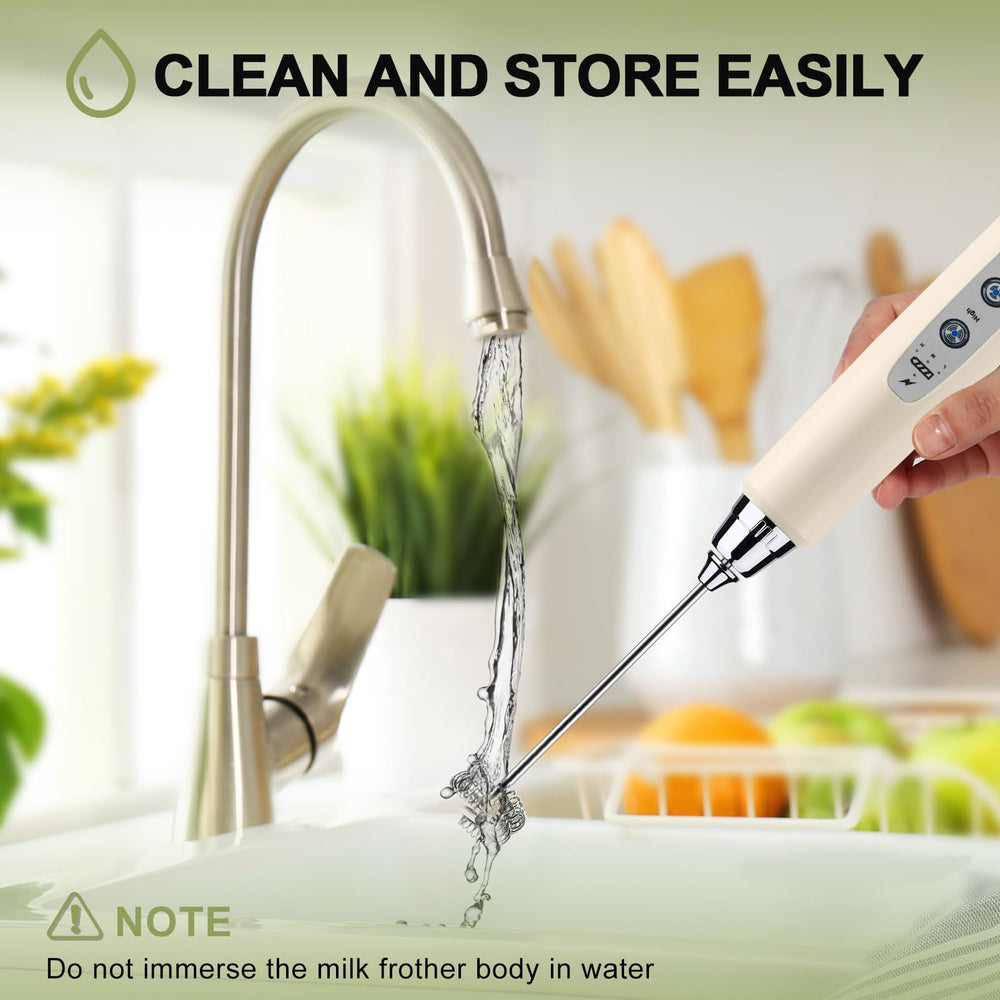 YUSWKO lifestyle kitchen scene with frother and coffee cup suggesting effortless daily use