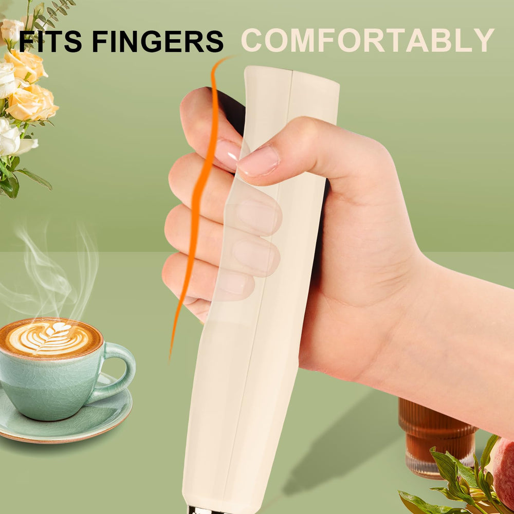 YUSWKO frother beside cup showing scale and recommended container fit for no-spill frothing