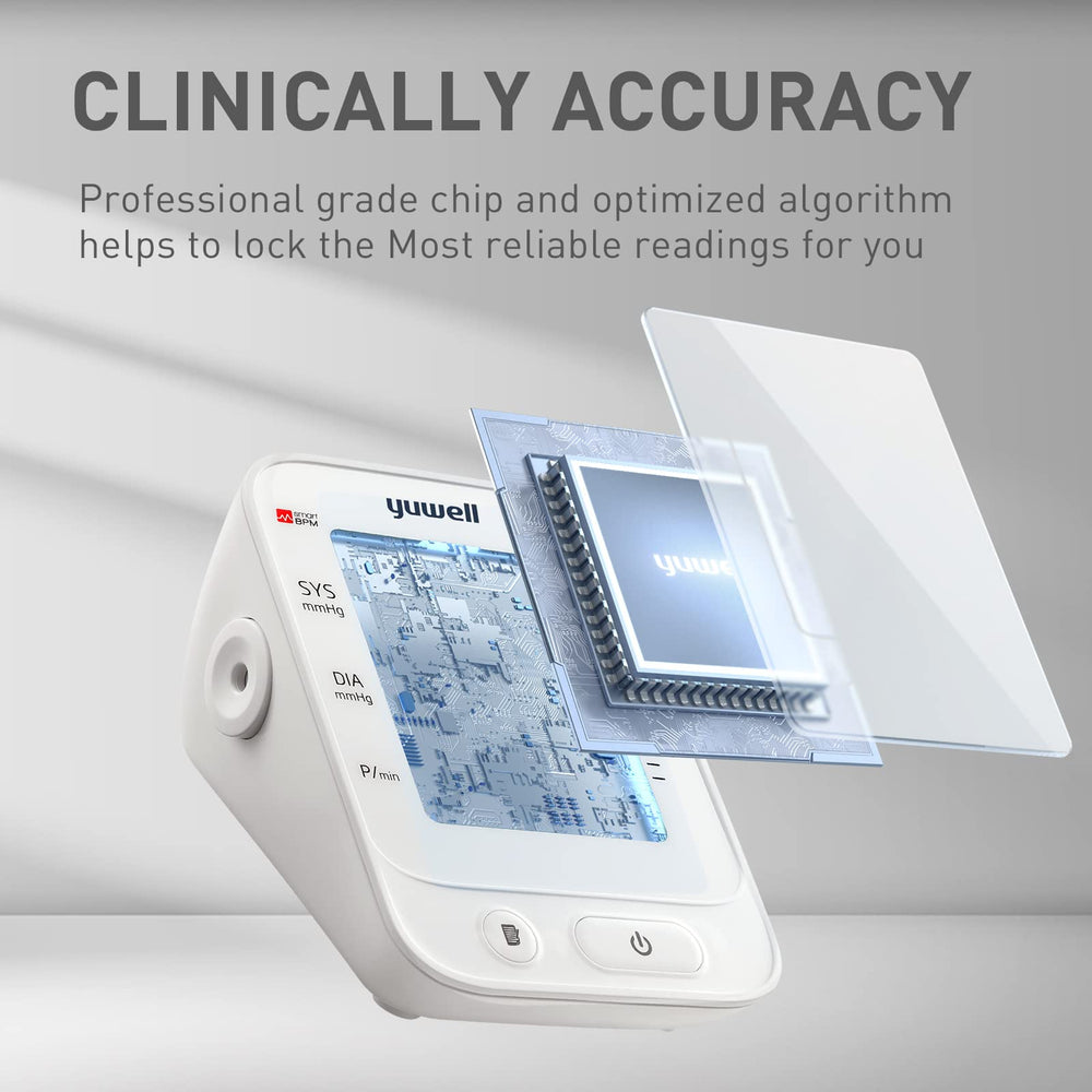 yuwell monitor in use on upper arm demonstrating simple one-button operation